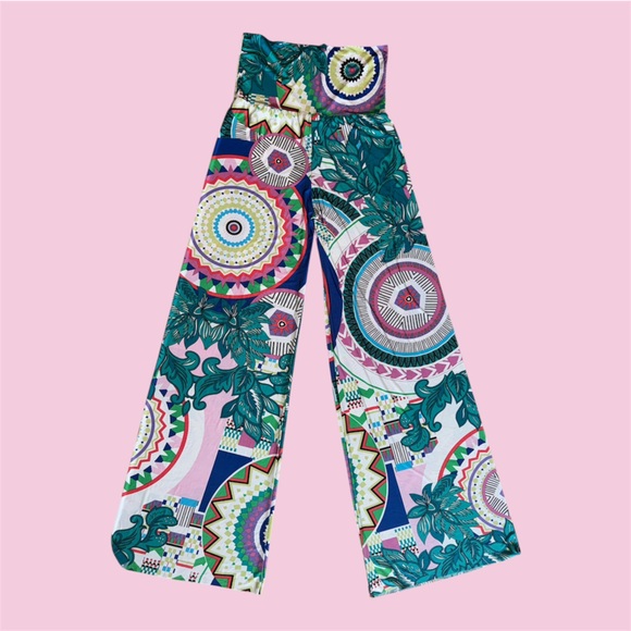 J up Pants - Womens USA J‎ UP FOLDOVER GREEN & PINK SILKY BOHO PALAZZO PANTS S